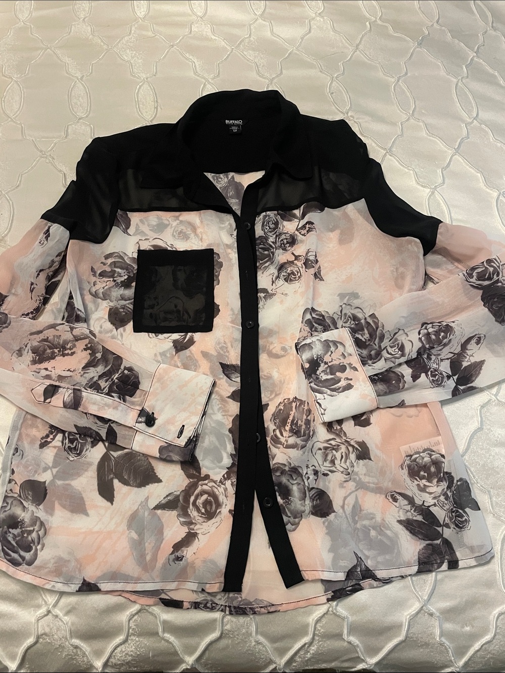 Buffalo David Bitton Sheer Floral Blazer in Pink and Black